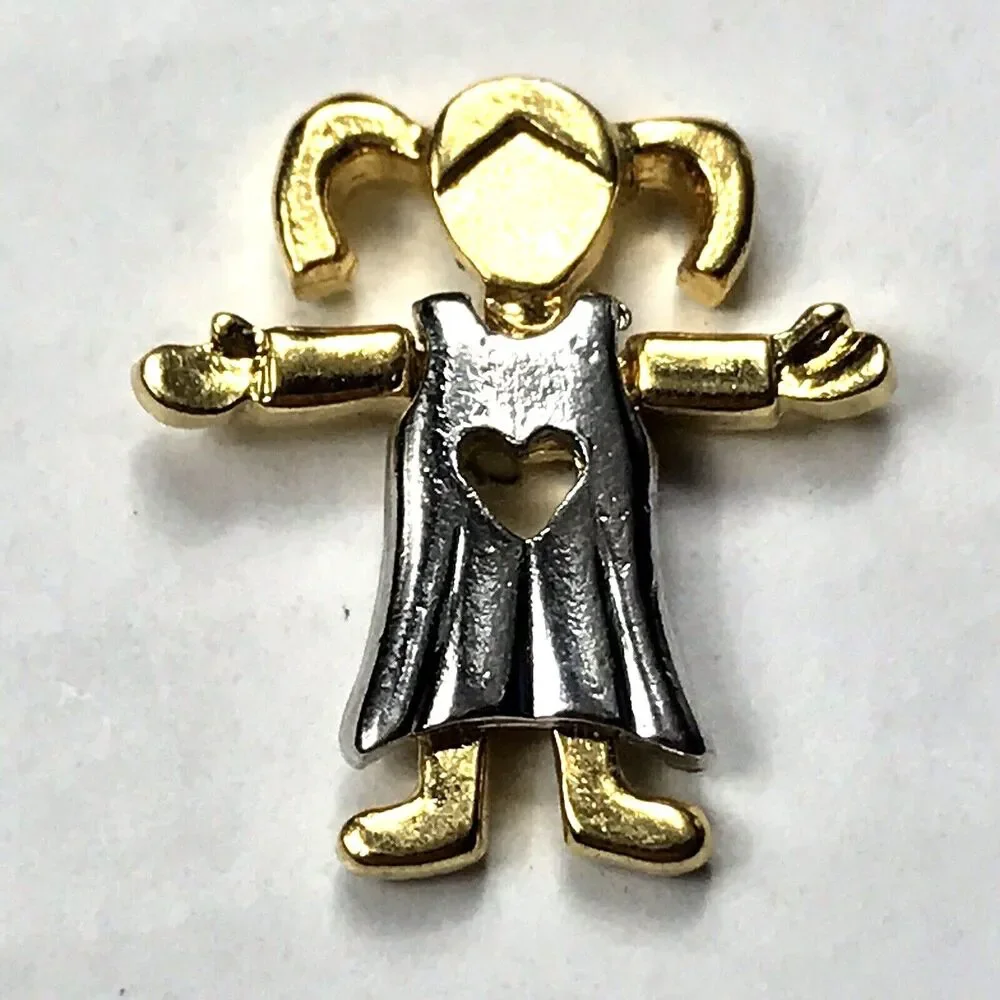 Girl With Heart Dress Gold Tone Vintage Pin Brooch